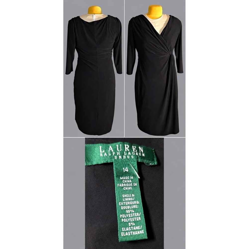 Lauren Ralph Lauren Black Faux Wrap Ruched Dress Size 14 3/4 Sleeve Sheath